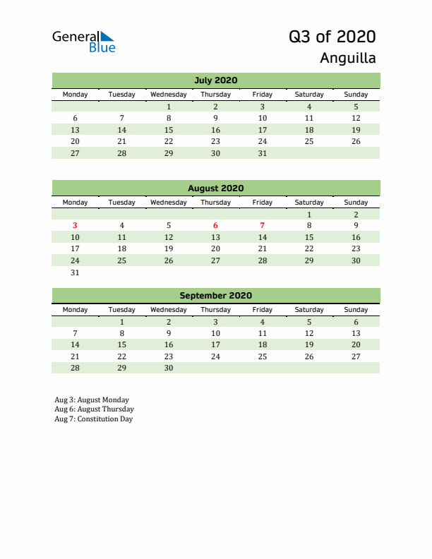 Quarterly Calendar 2020 with Anguilla Holidays