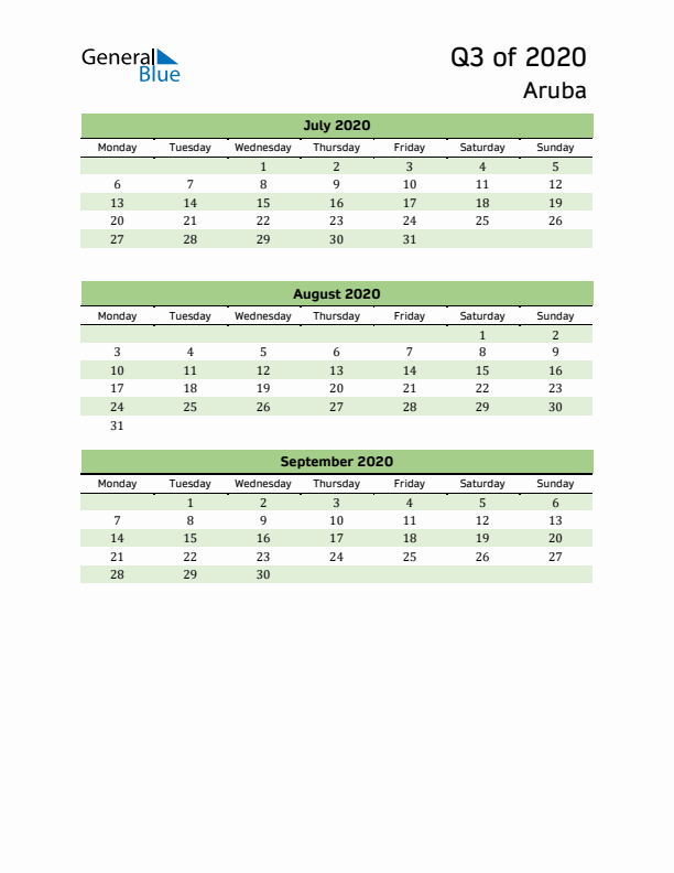 Quarterly Calendar 2020 with Aruba Holidays