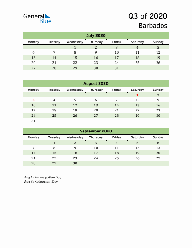 Quarterly Calendar 2020 with Barbados Holidays