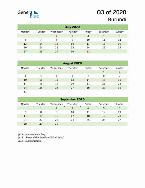 Quarterly Calendar 2020 with Burundi Holidays