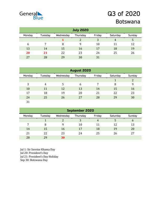 Quarterly Calendar 2020 with Botswana Holidays