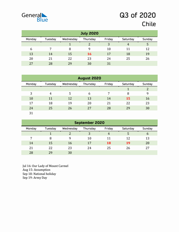 Quarterly Calendar 2020 with Chile Holidays