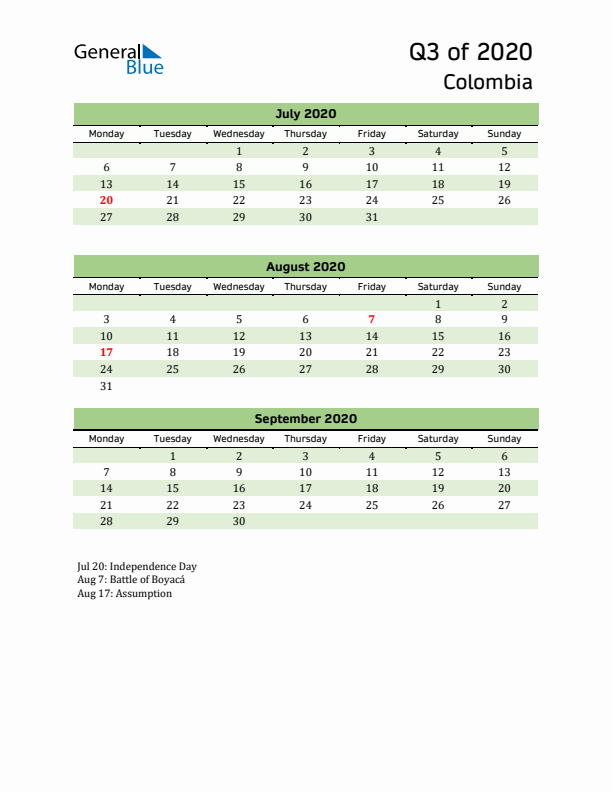 Quarterly Calendar 2020 with Colombia Holidays