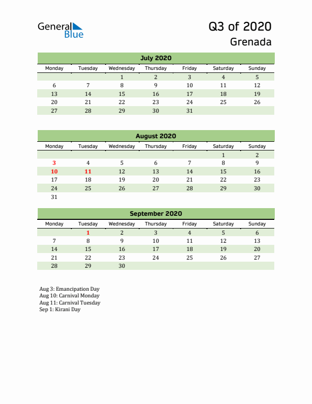 Quarterly Calendar 2020 with Grenada Holidays