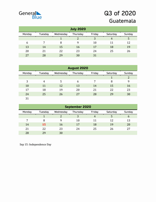 Quarterly Calendar 2020 with Guatemala Holidays