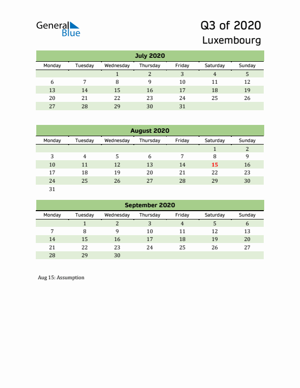 Quarterly Calendar 2020 with Luxembourg Holidays