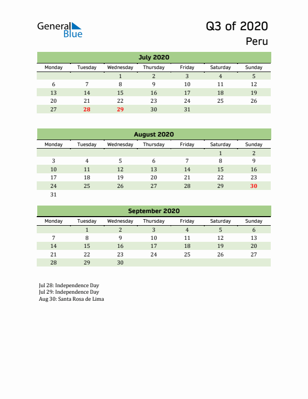 Quarterly Calendar 2020 with Peru Holidays