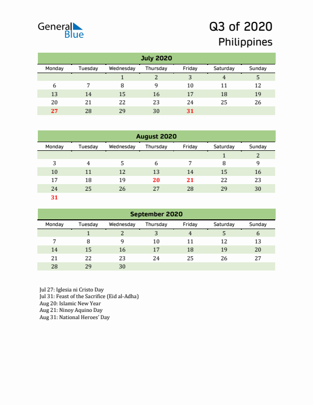 Quarterly Calendar 2020 with Philippines Holidays