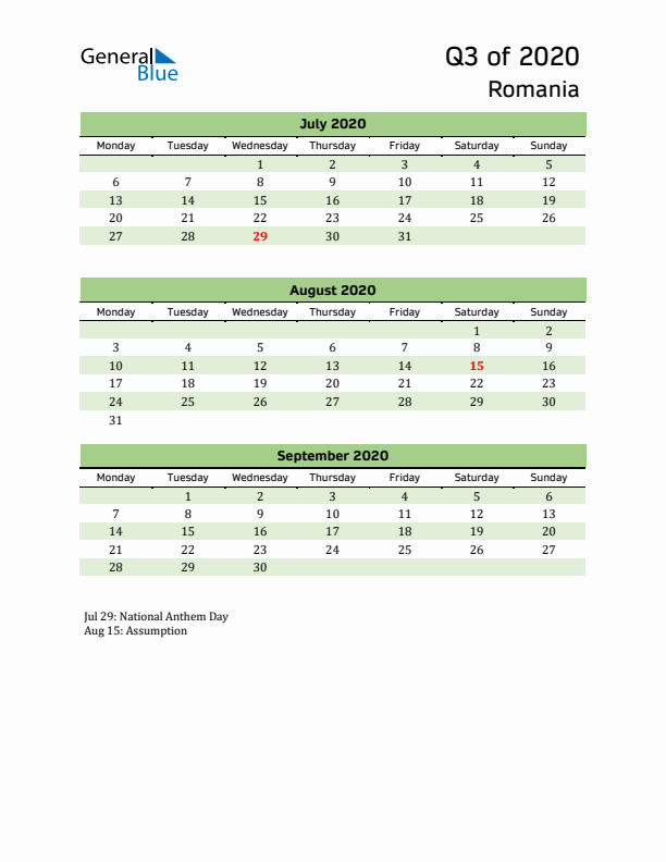 Quarterly Calendar 2020 with Romania Holidays