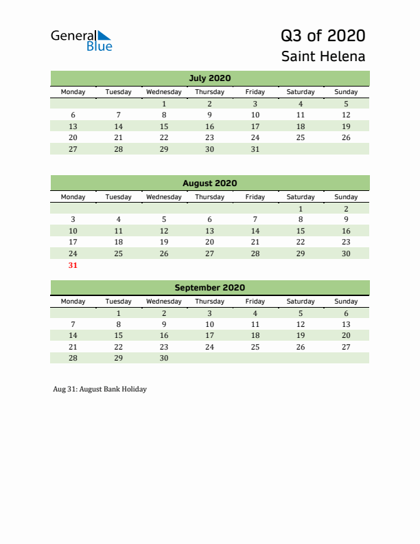 Quarterly Calendar 2020 with Saint Helena Holidays
