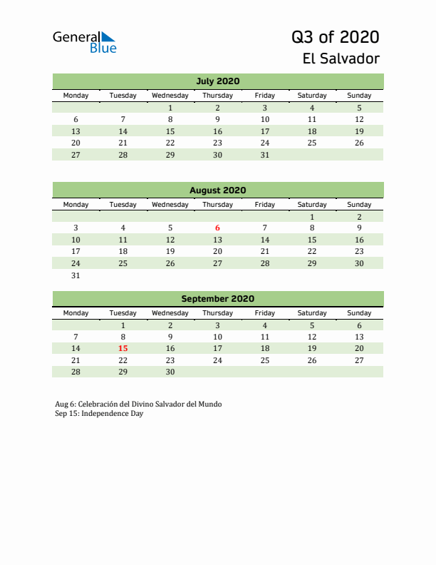 Quarterly Calendar 2020 with El Salvador Holidays