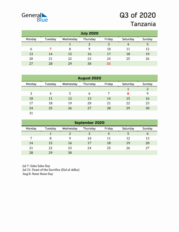 Quarterly Calendar 2020 with Tanzania Holidays