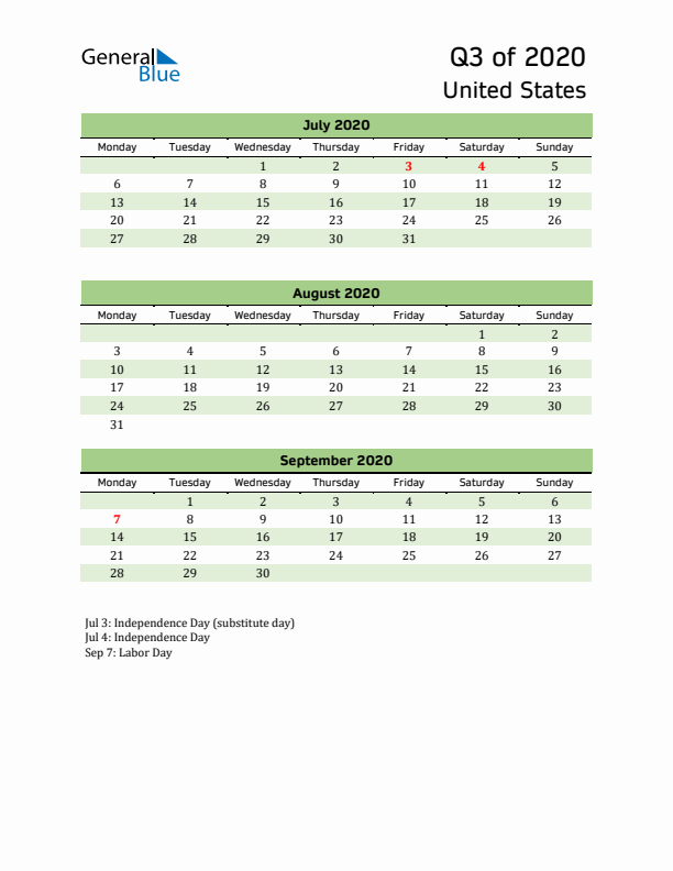 Quarterly Calendar 2020 with United States Holidays