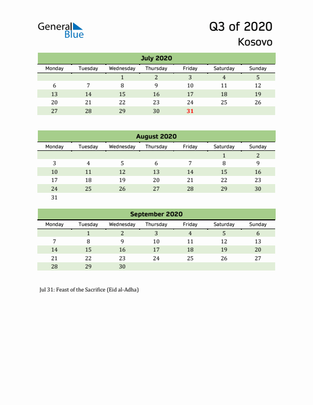 Quarterly Calendar 2020 with Kosovo Holidays