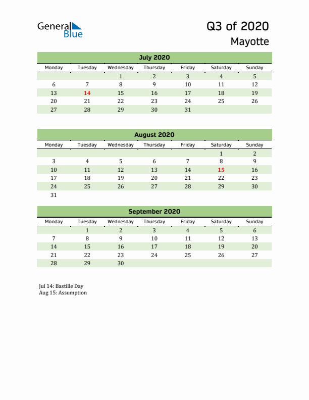 Quarterly Calendar 2020 with Mayotte Holidays