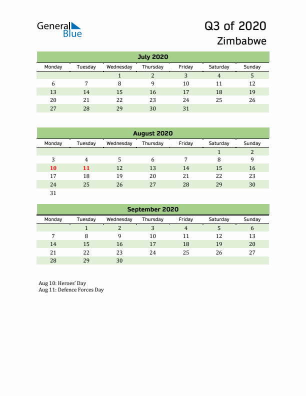 Quarterly Calendar 2020 with Zimbabwe Holidays
