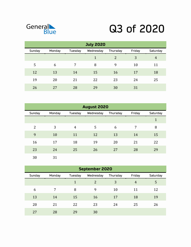 Printable Quarterly Calendar (Q3 2020)