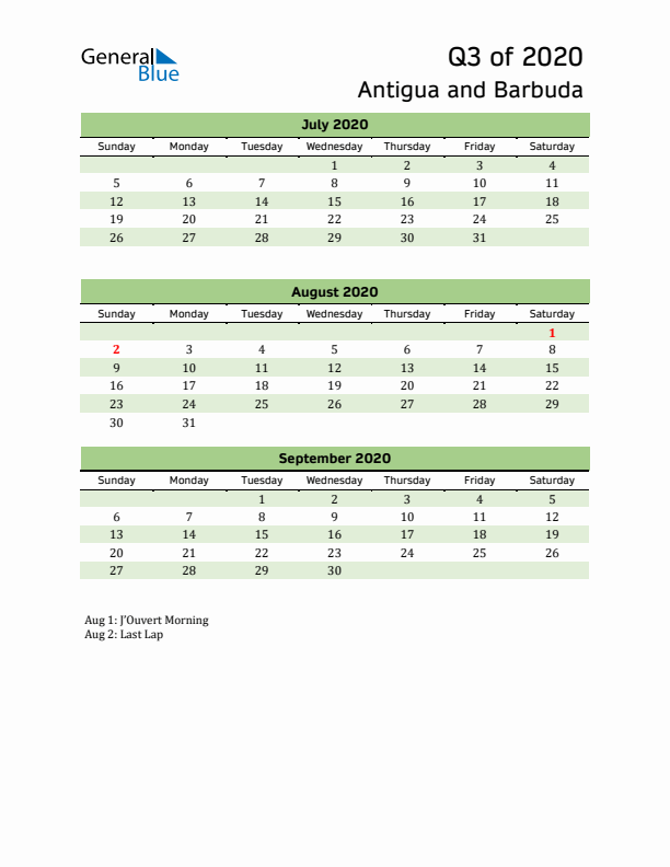 Quarterly Calendar 2020 with Antigua and Barbuda Holidays