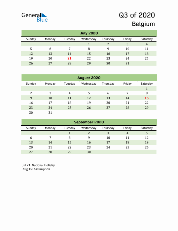 Quarterly Calendar 2020 with Belgium Holidays