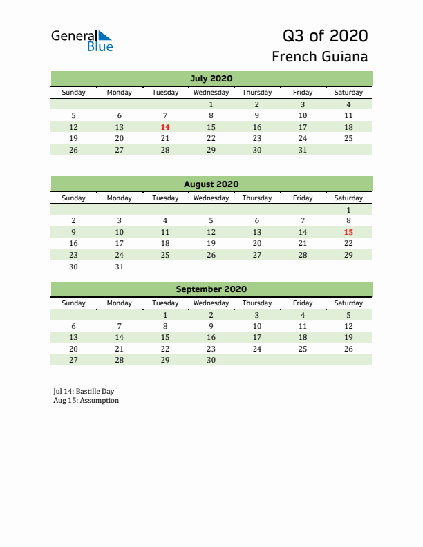 Quarterly Calendar 2020 with French Guiana Holidays