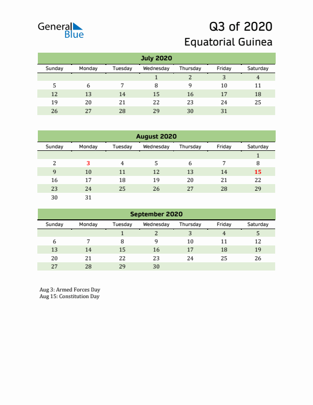 Quarterly Calendar 2020 with Equatorial Guinea Holidays