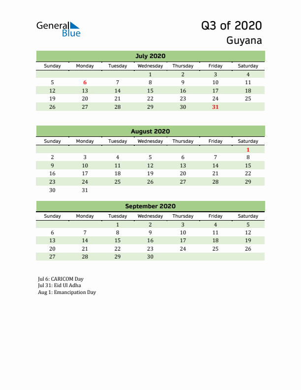 Quarterly Calendar 2020 with Guyana Holidays