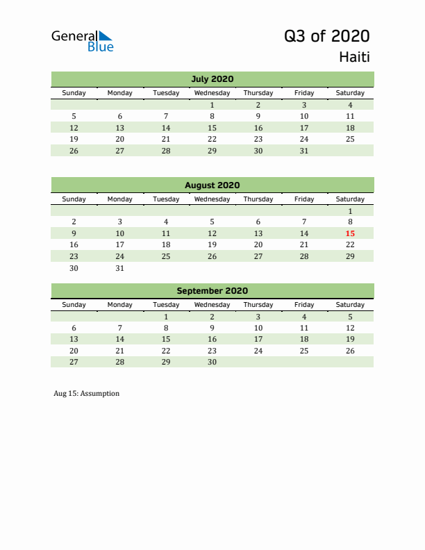 Quarterly Calendar 2020 with Haiti Holidays