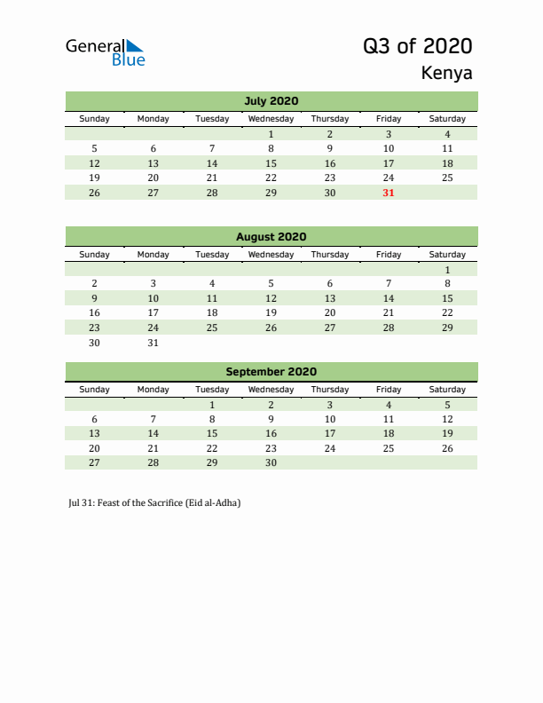 Quarterly Calendar 2020 with Kenya Holidays