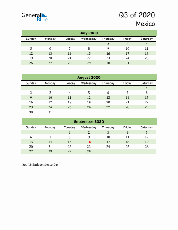 Quarterly Calendar 2020 with Mexico Holidays