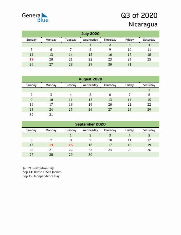 Quarterly Calendar 2020 with Nicaragua Holidays