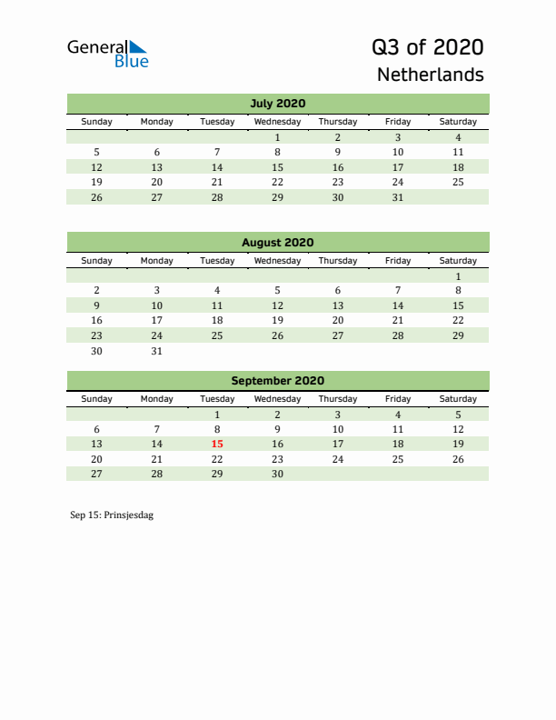 Quarterly Calendar 2020 with The Netherlands Holidays