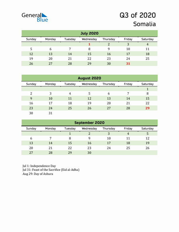 Quarterly Calendar 2020 with Somalia Holidays