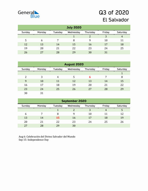 Quarterly Calendar 2020 with El Salvador Holidays