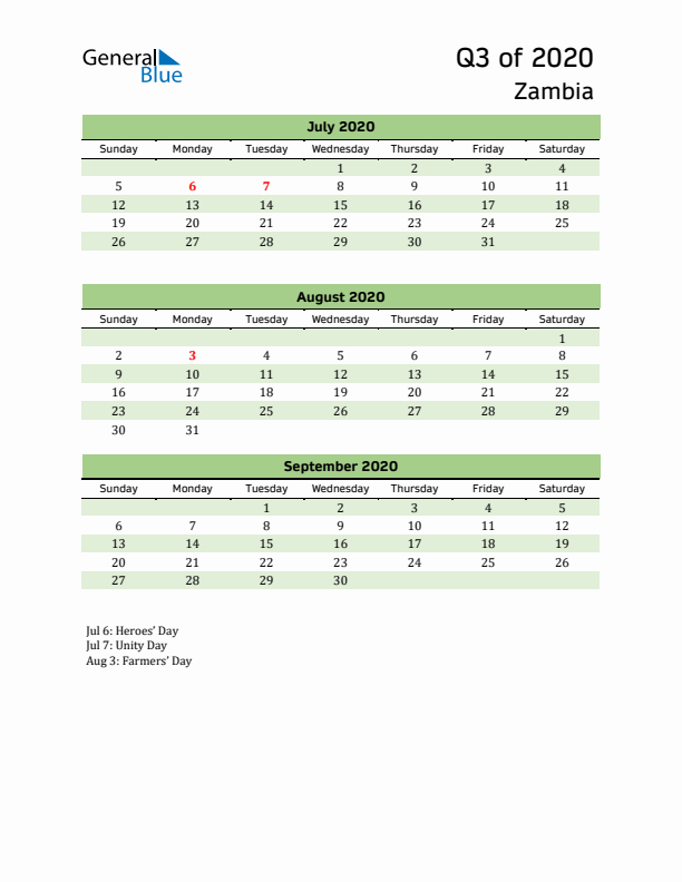 Quarterly Calendar 2020 with Zambia Holidays
