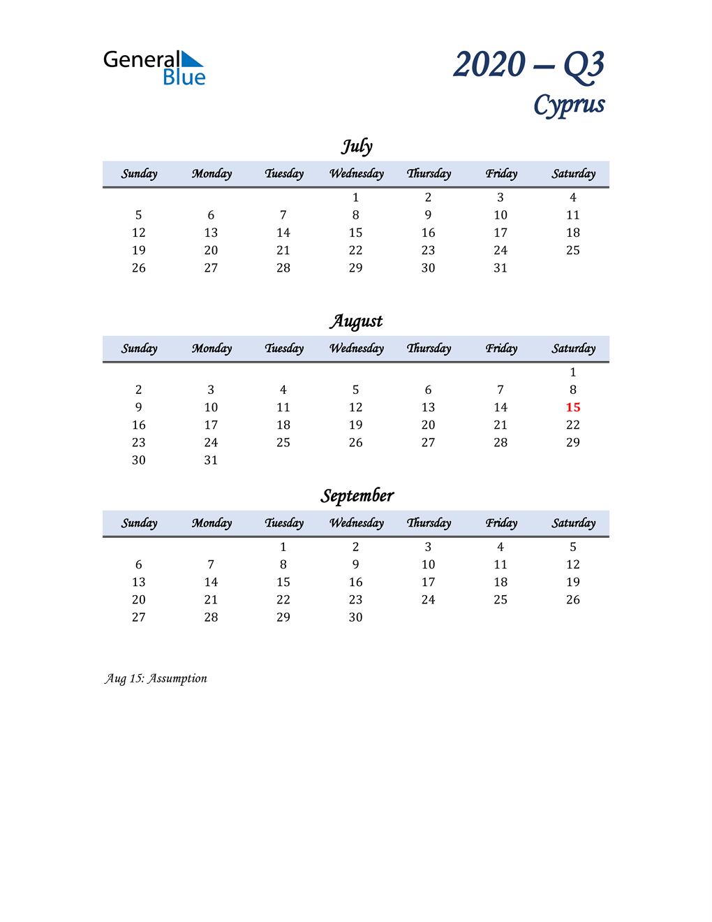  July, August, and September Calendar for Cyprus