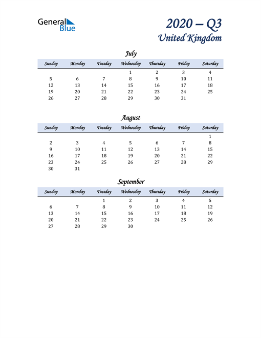  July, August, and September Calendar for United Kingdom