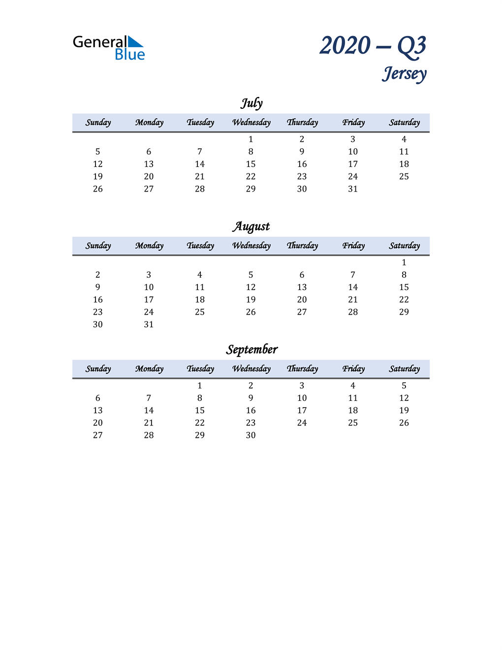  July, August, and September Calendar for Jersey