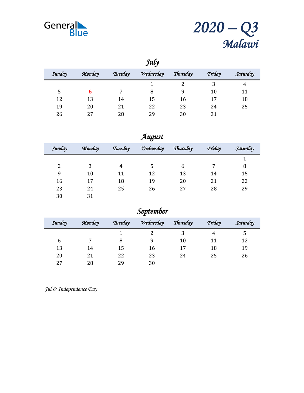  July, August, and September Calendar for Malawi