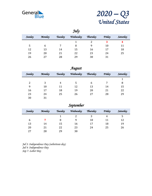  July, August, and September Calendar for United States