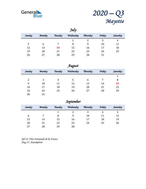  July, August, and September Calendar for Mayotte