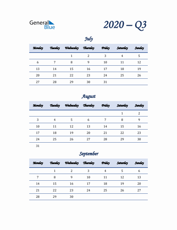 Monday Start 2020 Quarterly Calendar