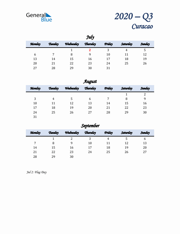 July, August, and September Calendar for Curacao with Monday Start