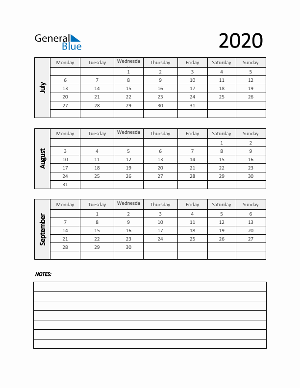 Q3 2020 Calendar with Notes