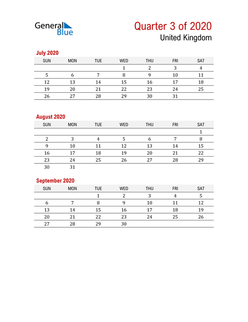  Printable Three Month Calendar for United Kingdom