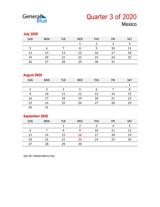  Printable Three Month Calendar for Mexico
