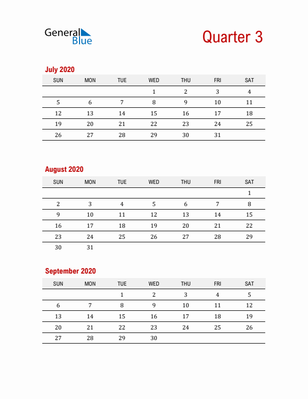 Three-Month Printable Calendar 2020