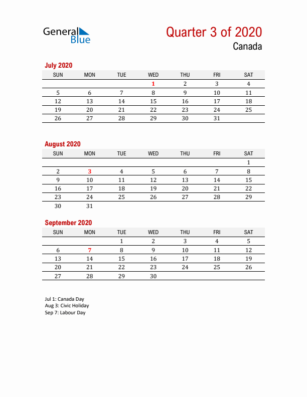 Printable Three Month Calendar with Canada Holidays