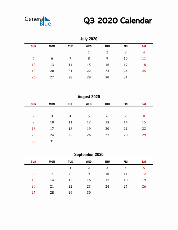 2020 Q3 Calendar with Red Weekend