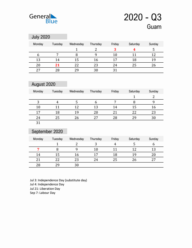 Guam Quarter 3 2020 Calendar with Holidays