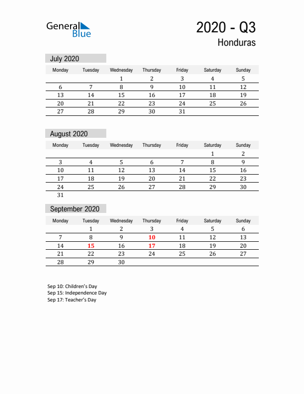 Honduras Quarter 3 2020 Calendar with Holidays